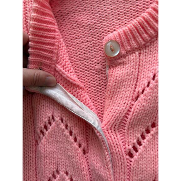 Vintage Pink Knit Cardigan Chevron Eyelet Design Button Front Women’s M - Picture 4 of 8